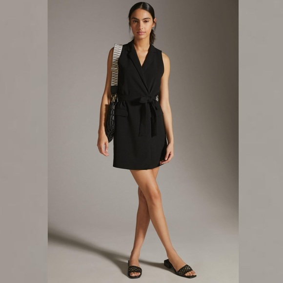 ANTHROPOLOGIE BLACK SLEEVELESS VEST WRAP BELTED MINI SUIT DRESS - Picture 1 of 12